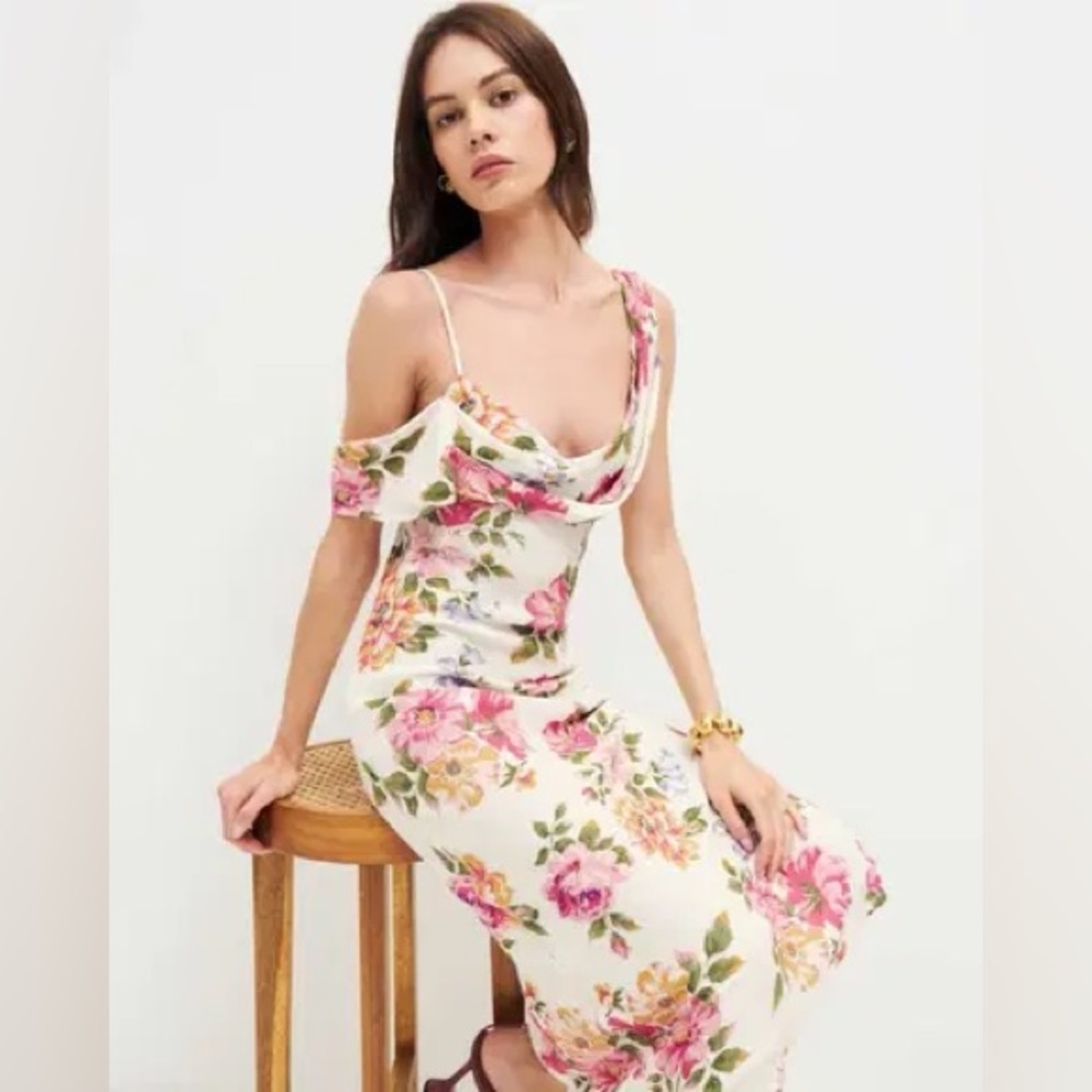 Reformation Floral Maxi Dress in Cream with Pink and Orange